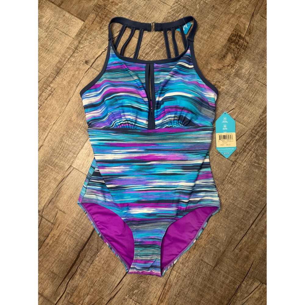 Free Country Womens One Piece Swimsuit Blue Purple Abstract Cage Back Medium NWT